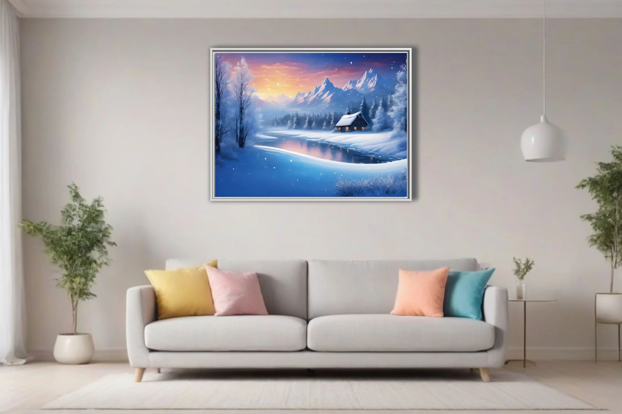 Fantasy winter landscape with snowy cabin, frozen lake, and mountain peaks at twilight
