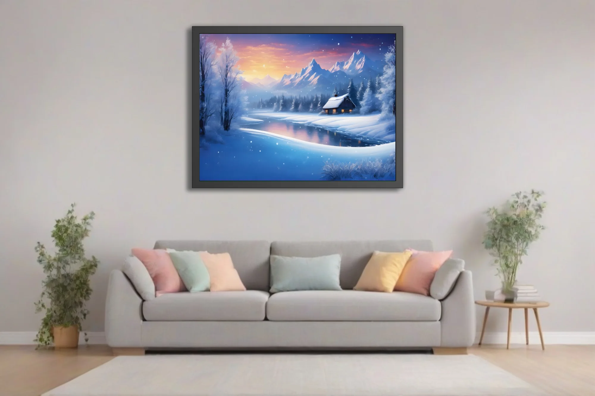 Fantasy winter landscape with snowy cabin, frozen lake, and mountain peaks at twilight