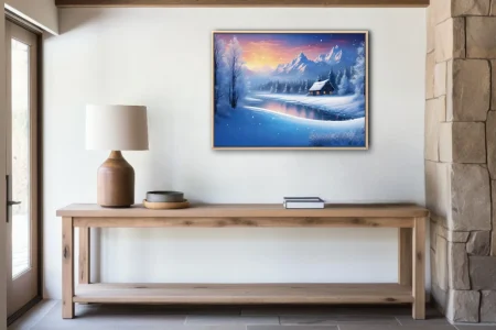 Fantasy winter landscape with snowy cabin, frozen lake, and mountain peaks at twilight