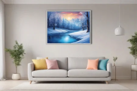 Watercolor-style winter landscape with frozen stream, snow-covered trees, and mountain sunset glow