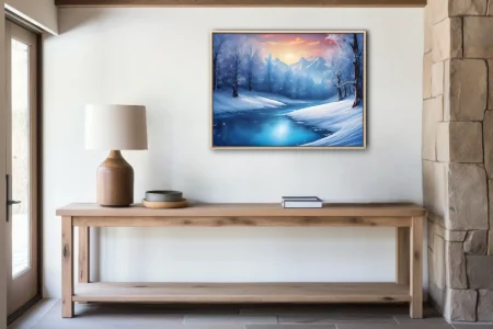 Watercolor-style winter landscape with frozen stream, snow-covered trees, and mountain sunset glow