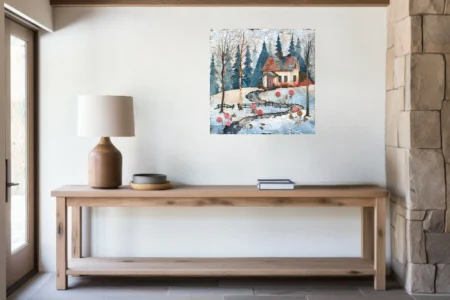 Collage-style folk art winter cottage scene with blue evergreens and paper textures