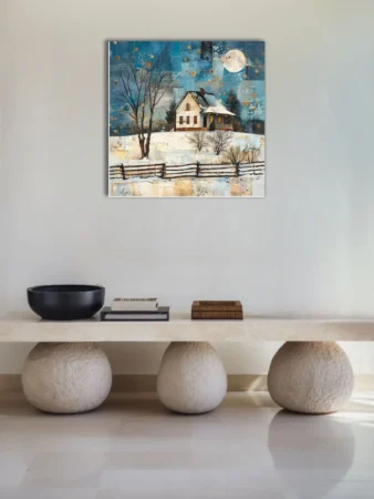 Folk-art collage winter landscape with snowy farmhouse, golden stars, and full moon