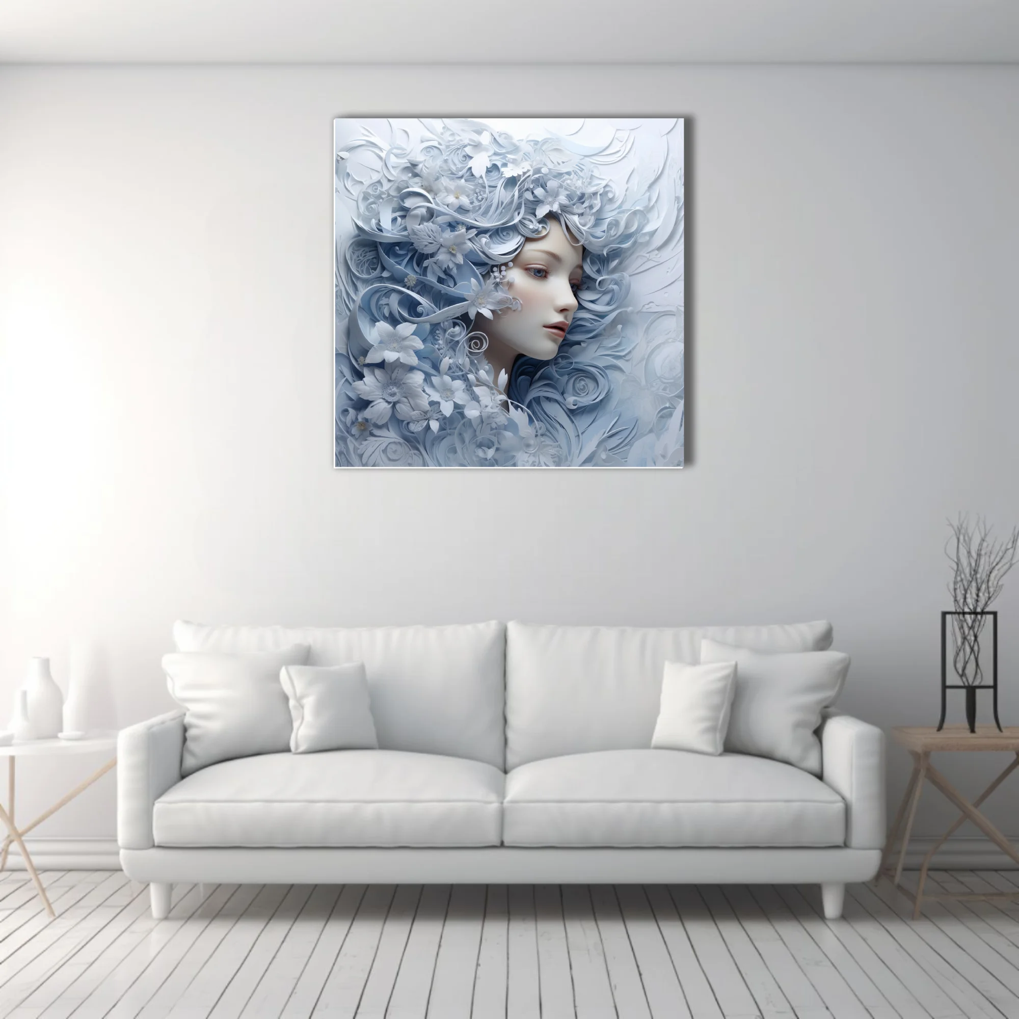 Paper-cut-style fantasy portrait with swirling floral motifs in ice blue and white