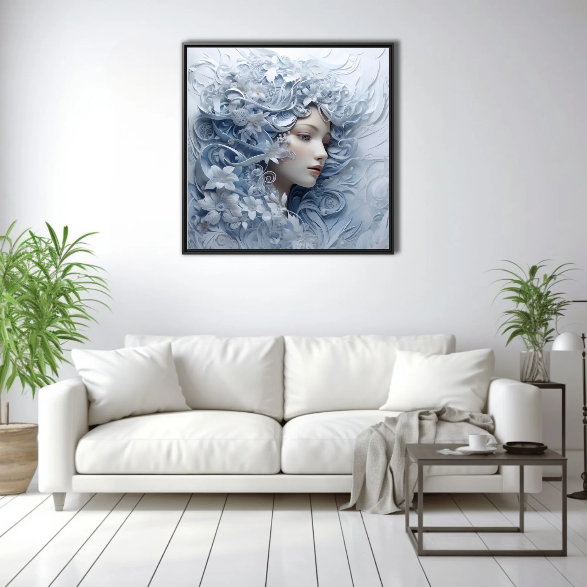 Paper-cut-style fantasy portrait with swirling floral motifs in ice blue and white