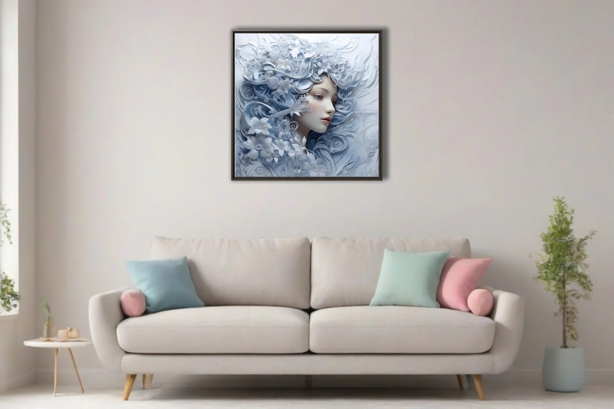 Paper-cut-style fantasy portrait with swirling floral motifs in ice blue and white