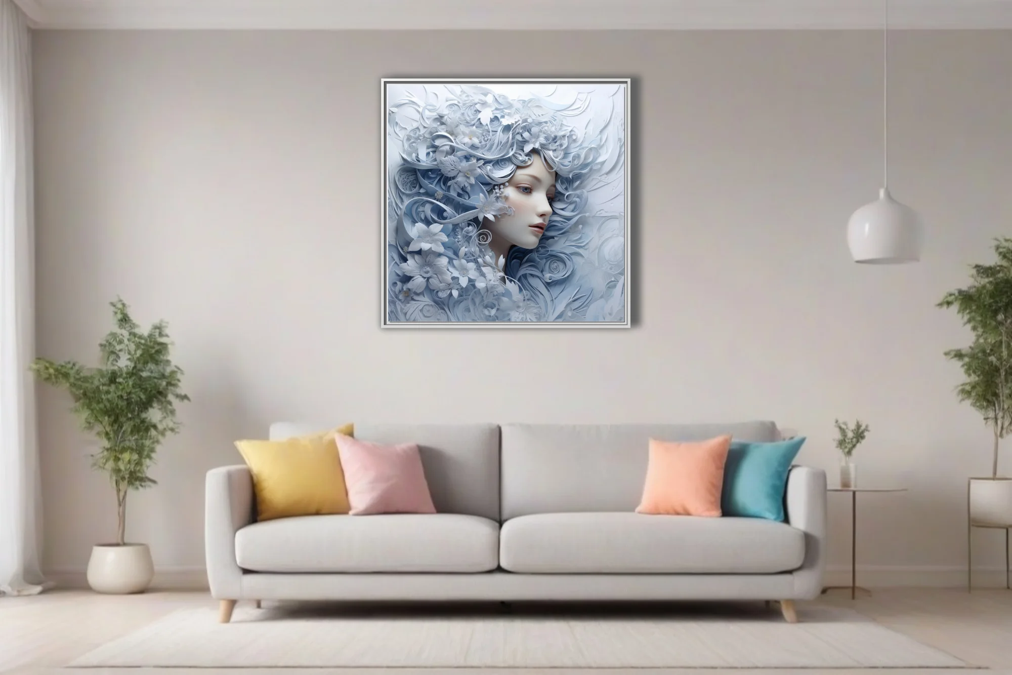Paper-cut-style fantasy portrait with swirling floral motifs in ice blue and white