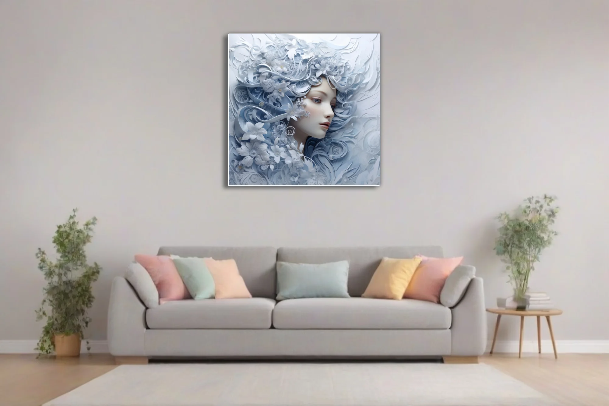 Paper-cut-style fantasy portrait with swirling floral motifs in ice blue and white