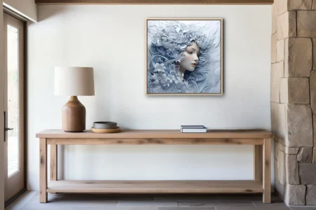 Paper-cut-style fantasy portrait with swirling floral motifs in ice blue and white