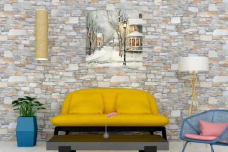 Soft painterly snowy village scene with glowing lamp post, warm windows, falling snow, soft winter palette
