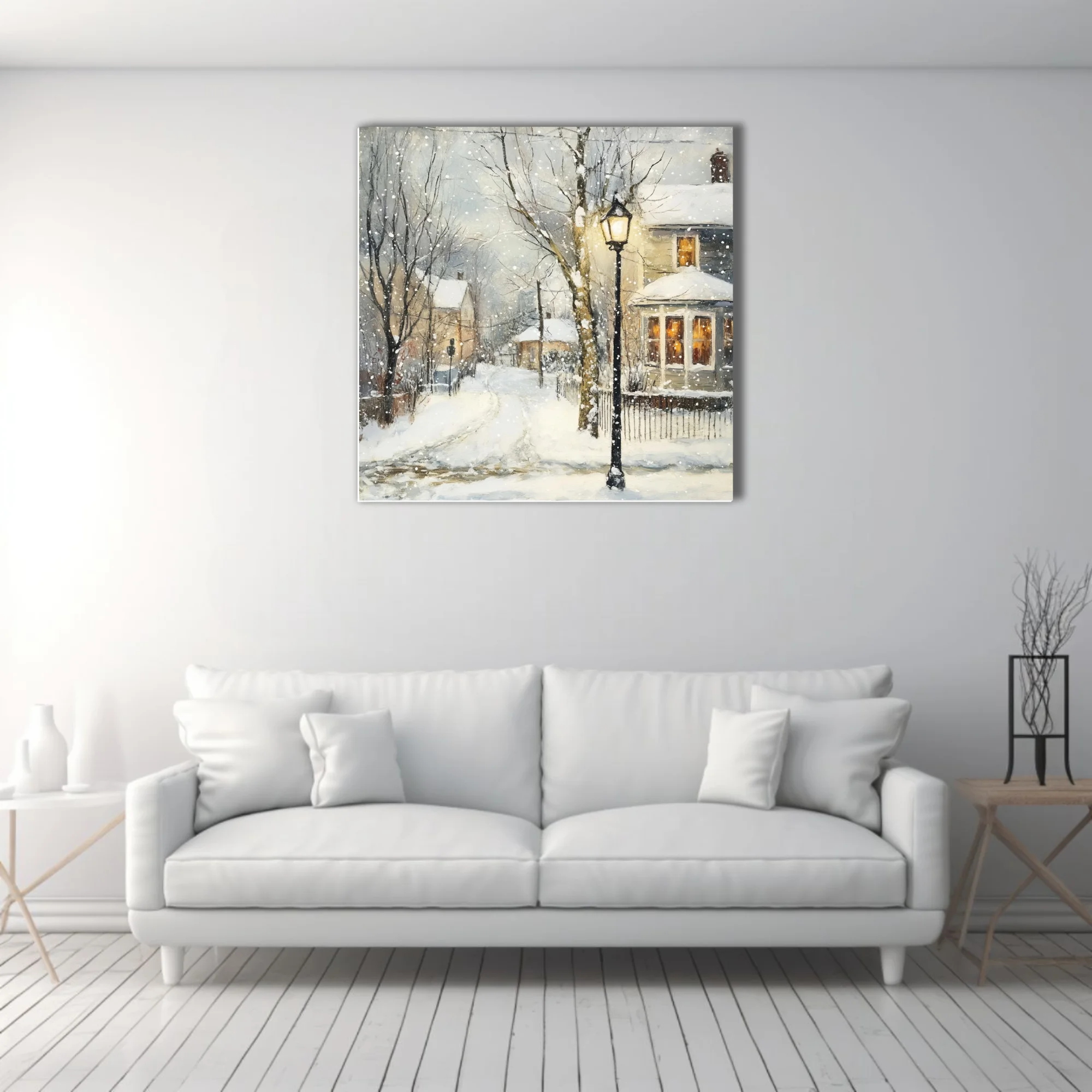 Soft painterly snowy village scene with glowing lamp post, warm windows, falling snow, soft winter palette