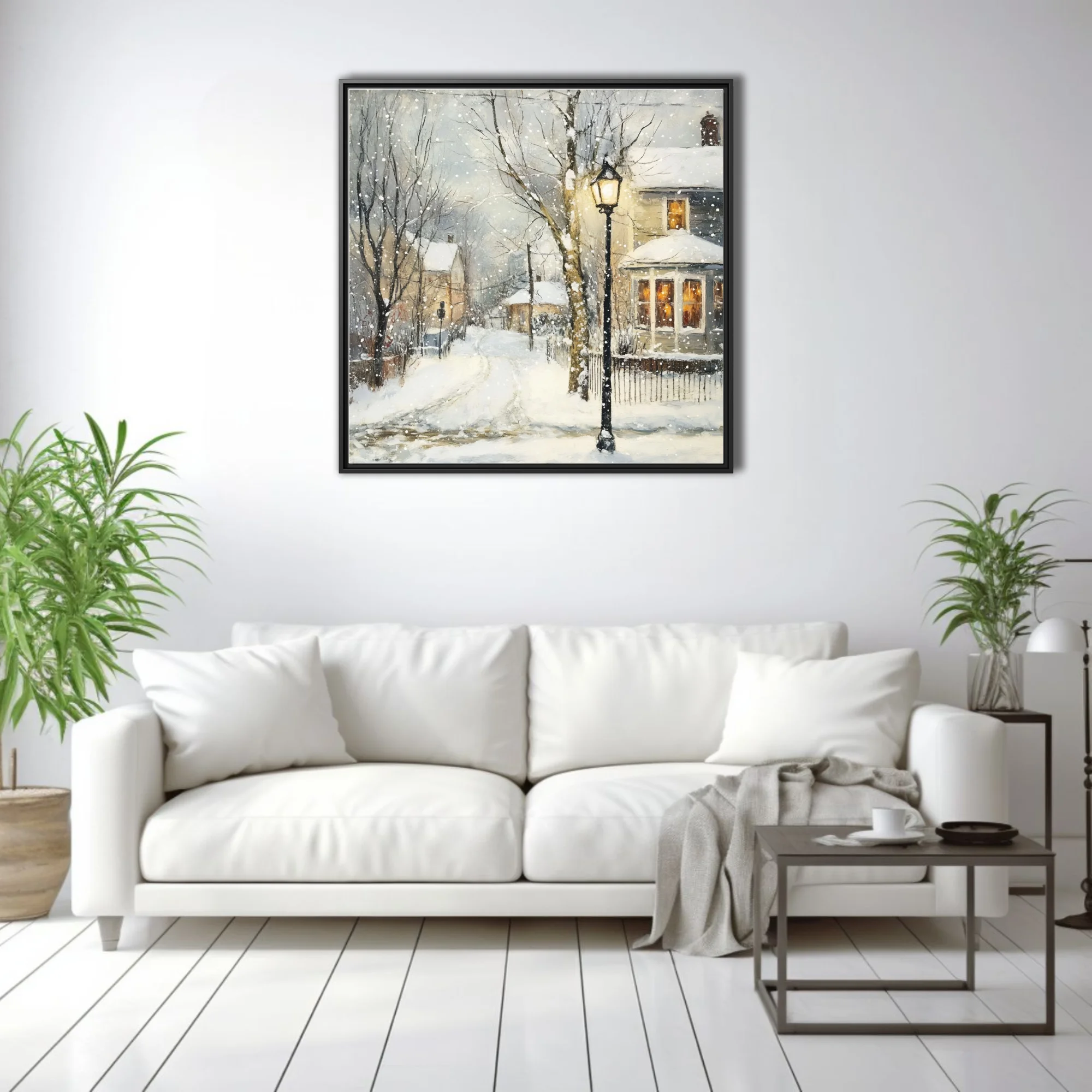 Soft painterly snowy village scene with glowing lamp post, warm windows, falling snow, soft winter palette