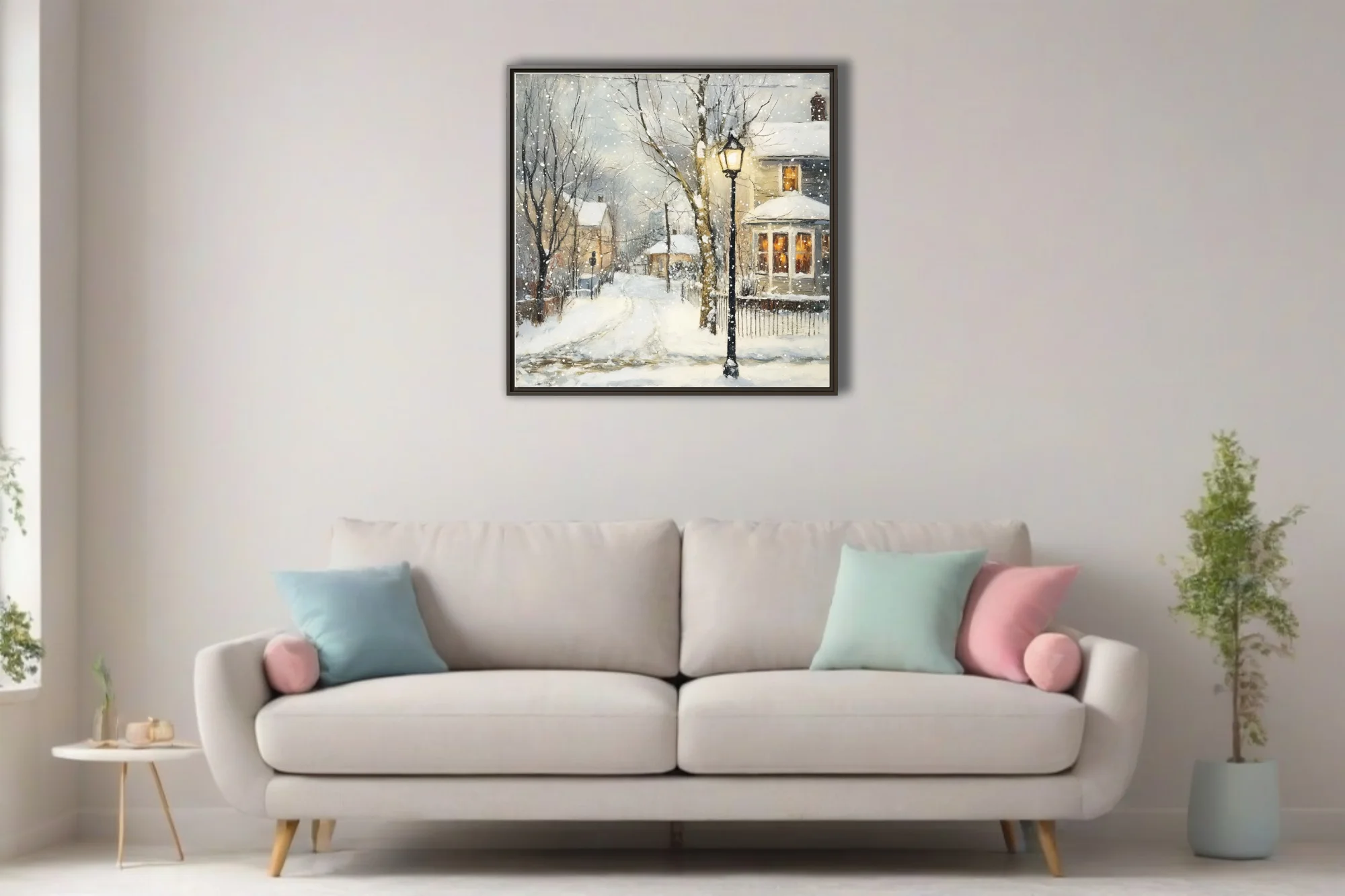 Soft painterly snowy village scene with glowing lamp post, warm windows, falling snow, soft winter palette