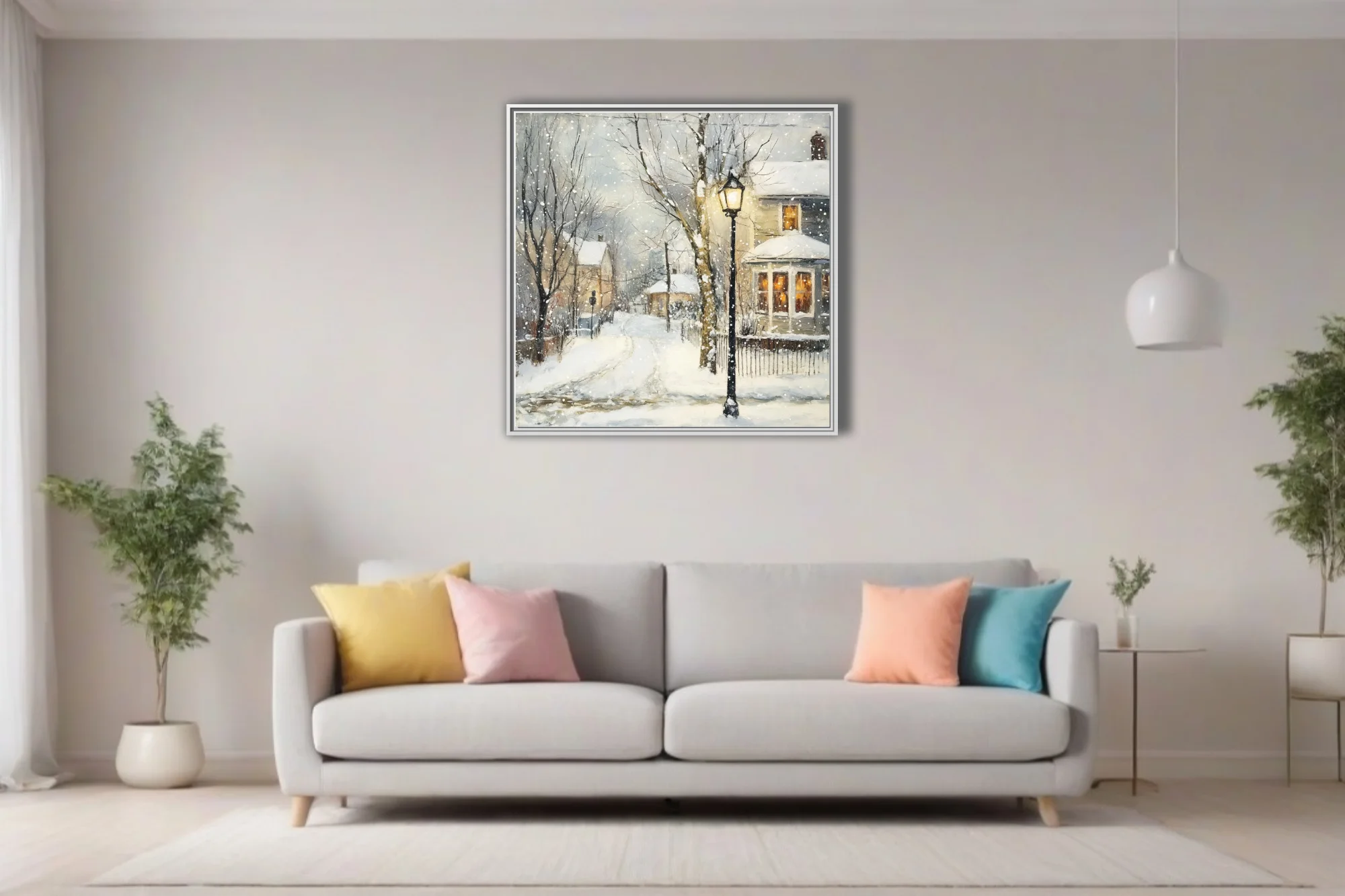 Soft painterly snowy village scene with glowing lamp post, warm windows, falling snow, soft winter palette