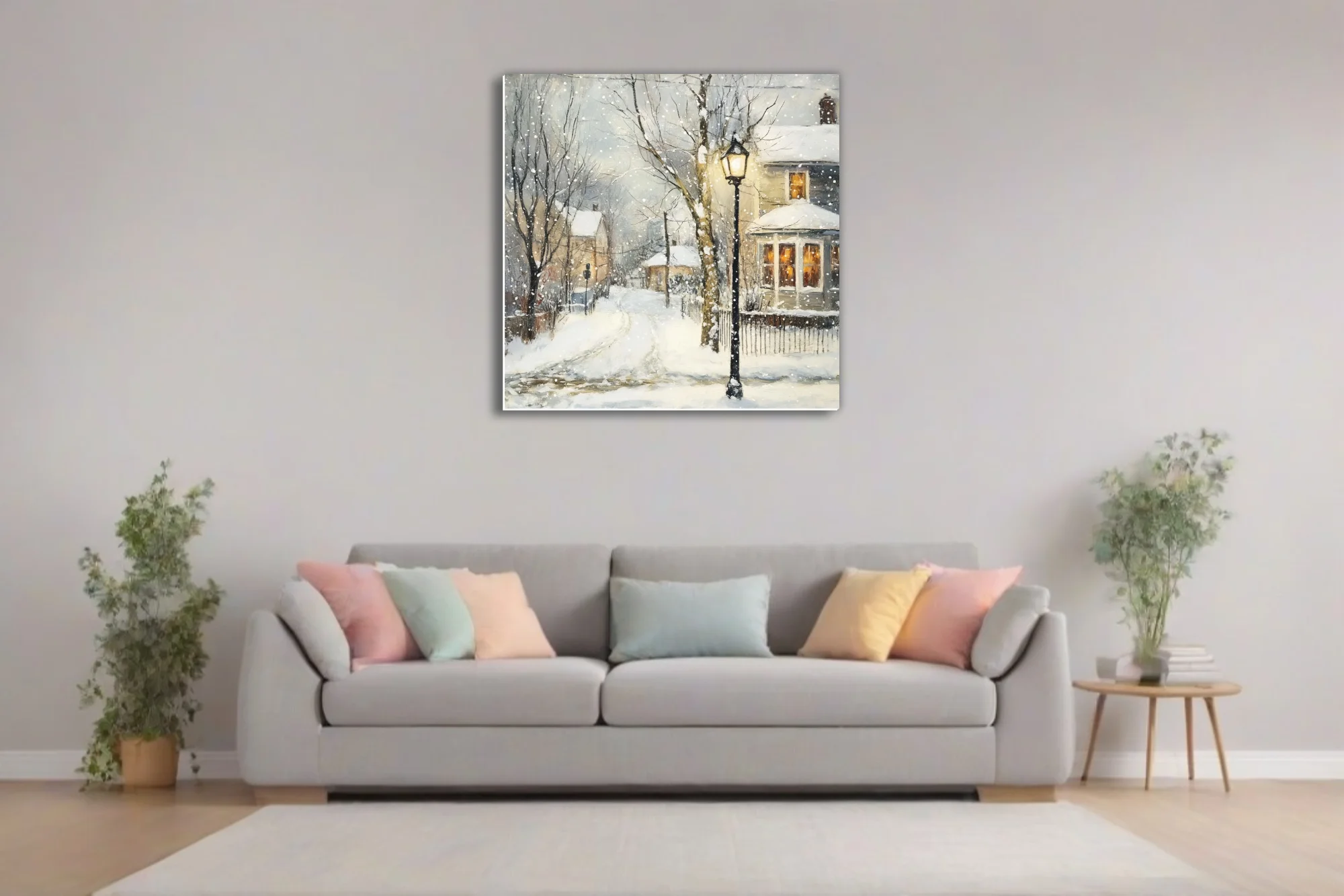 Soft painterly snowy village scene with glowing lamp post, warm windows, falling snow, soft winter palette