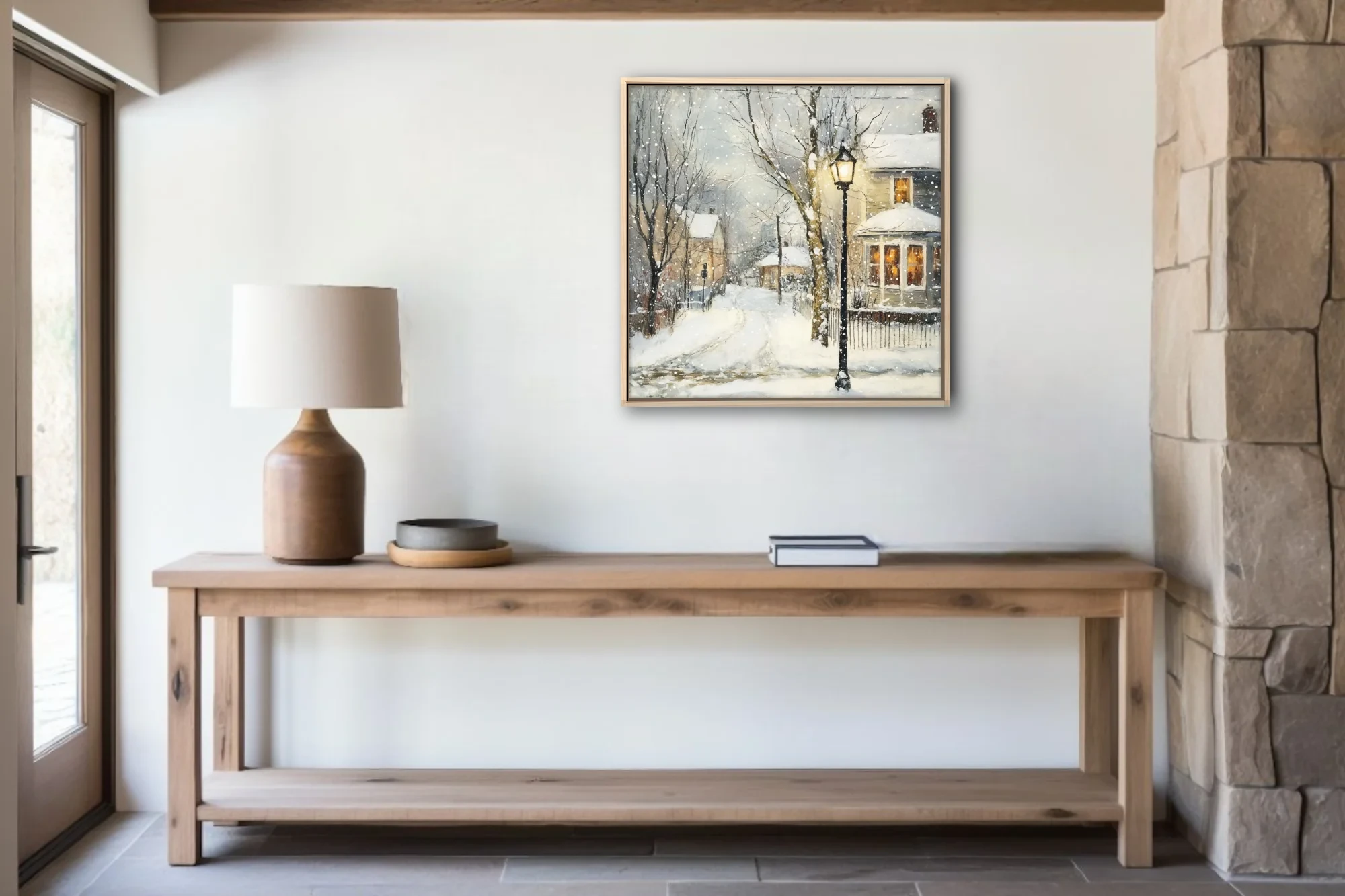 Soft painterly snowy village scene with glowing lamp post, warm windows, falling snow, soft winter palette