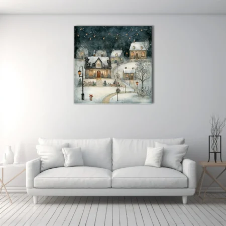 Watercolor-style winter village at night, glowing windows, snow-dusted rooftops, warm amber lamplight