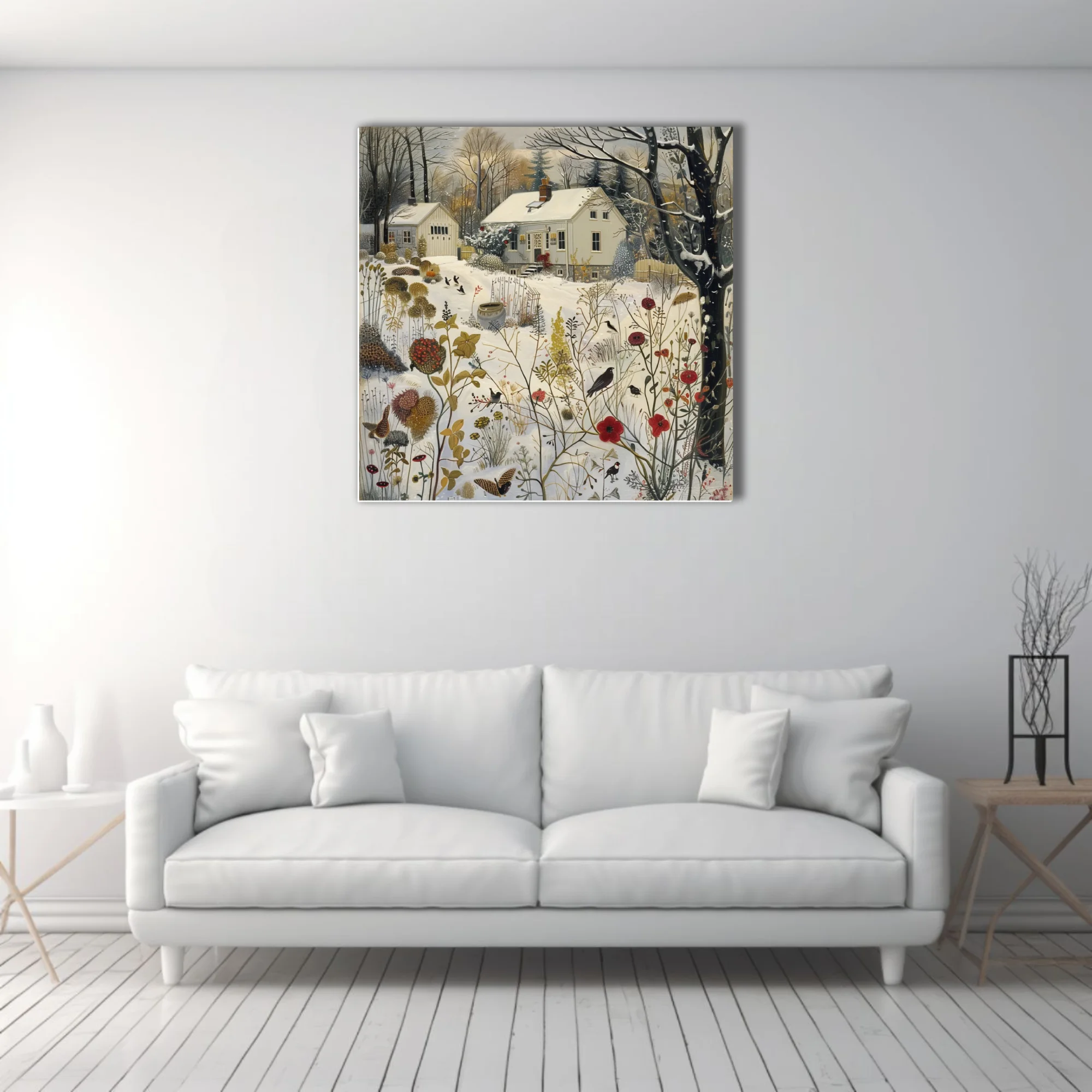 Folk-style winter garden illustration with snow, dried botanicals, and dark birds