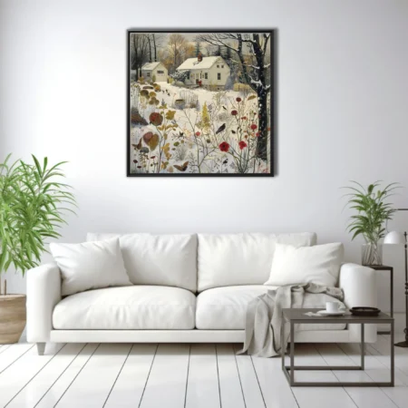 Folk-style winter garden illustration with snow, dried botanicals, and dark birds