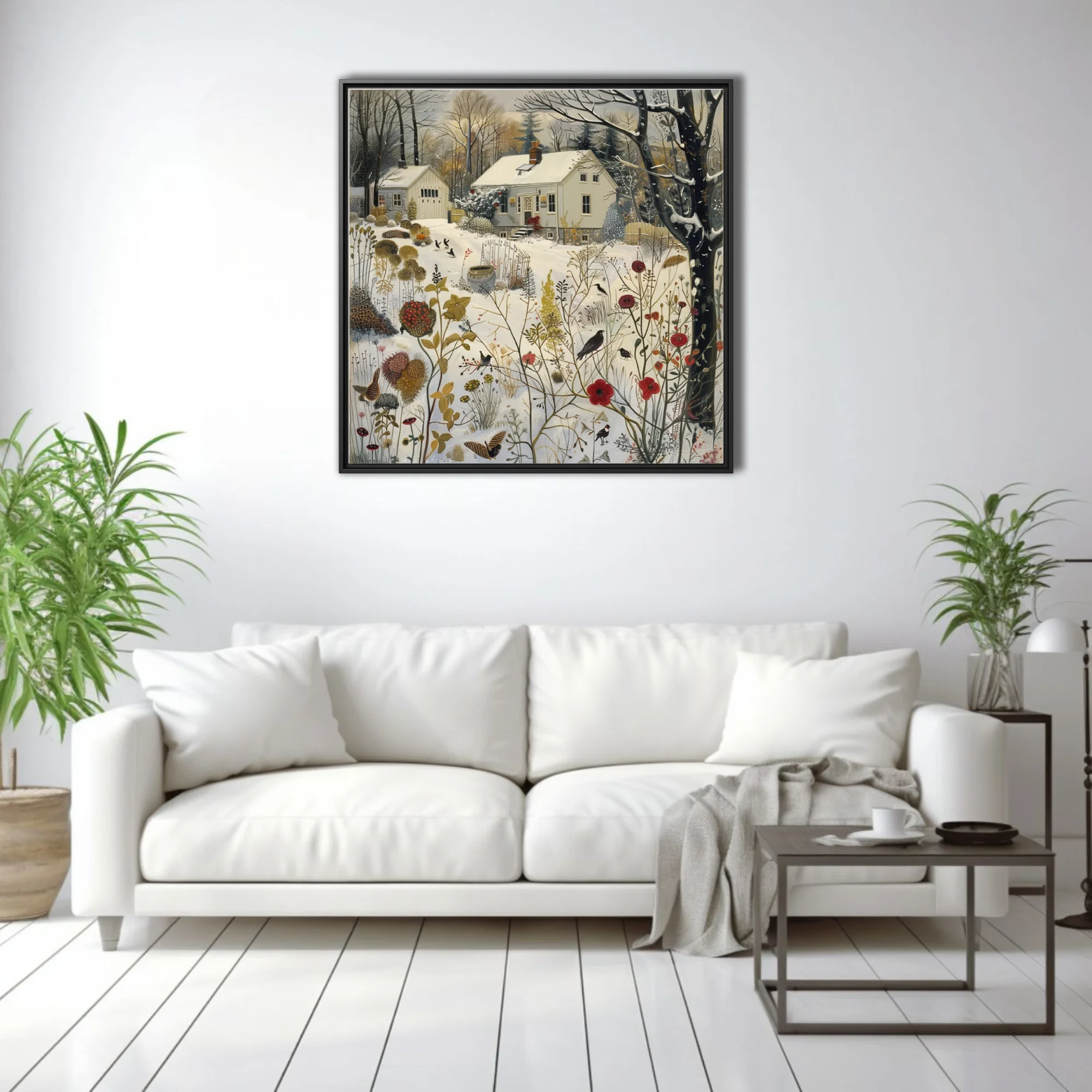 Folk-style winter garden illustration with snow, dried botanicals, and dark birds