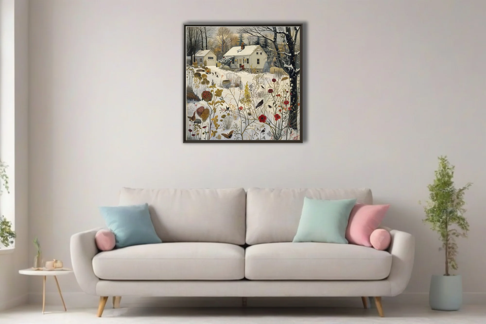 Folk-style winter garden illustration with snow, dried botanicals, and dark birds