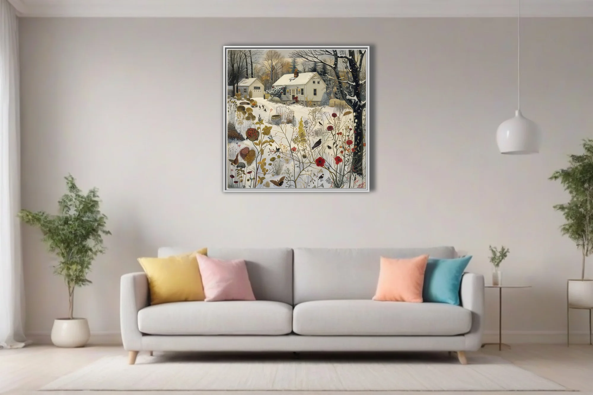 Folk-style winter garden illustration with snow, dried botanicals, and dark birds