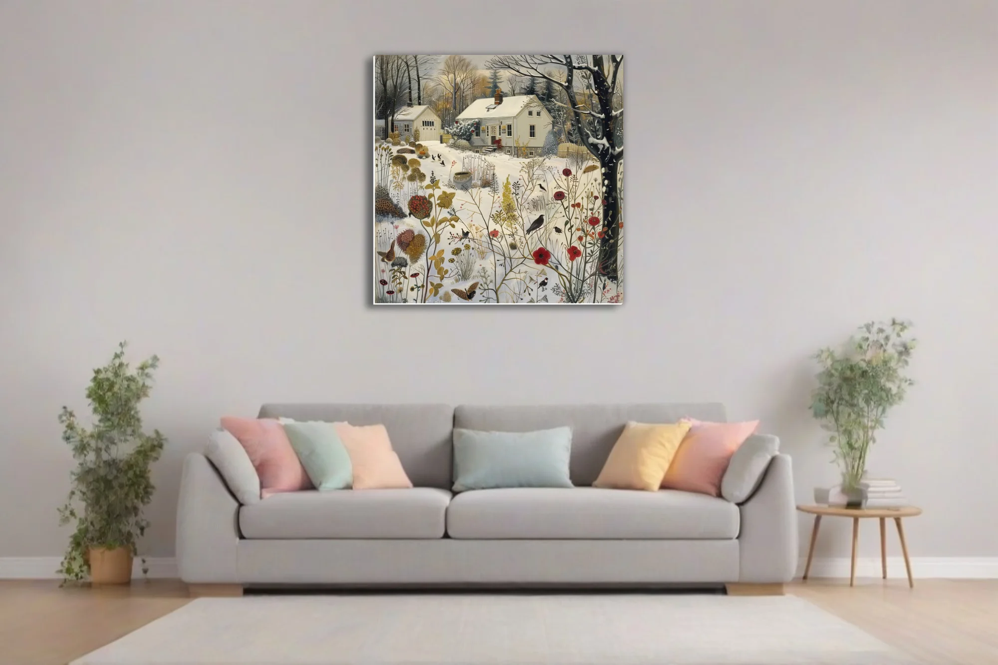 Folk-style winter garden illustration with snow, dried botanicals, and dark birds