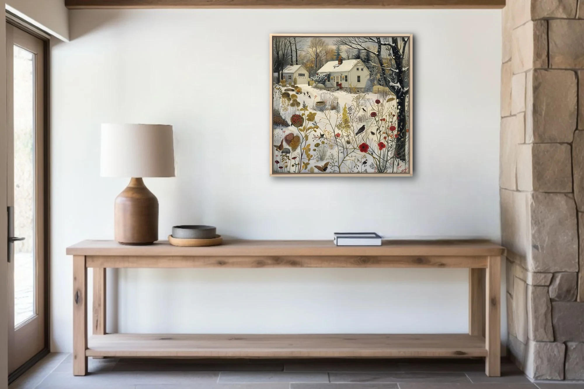 Folk-style winter garden illustration with snow, dried botanicals, and dark birds