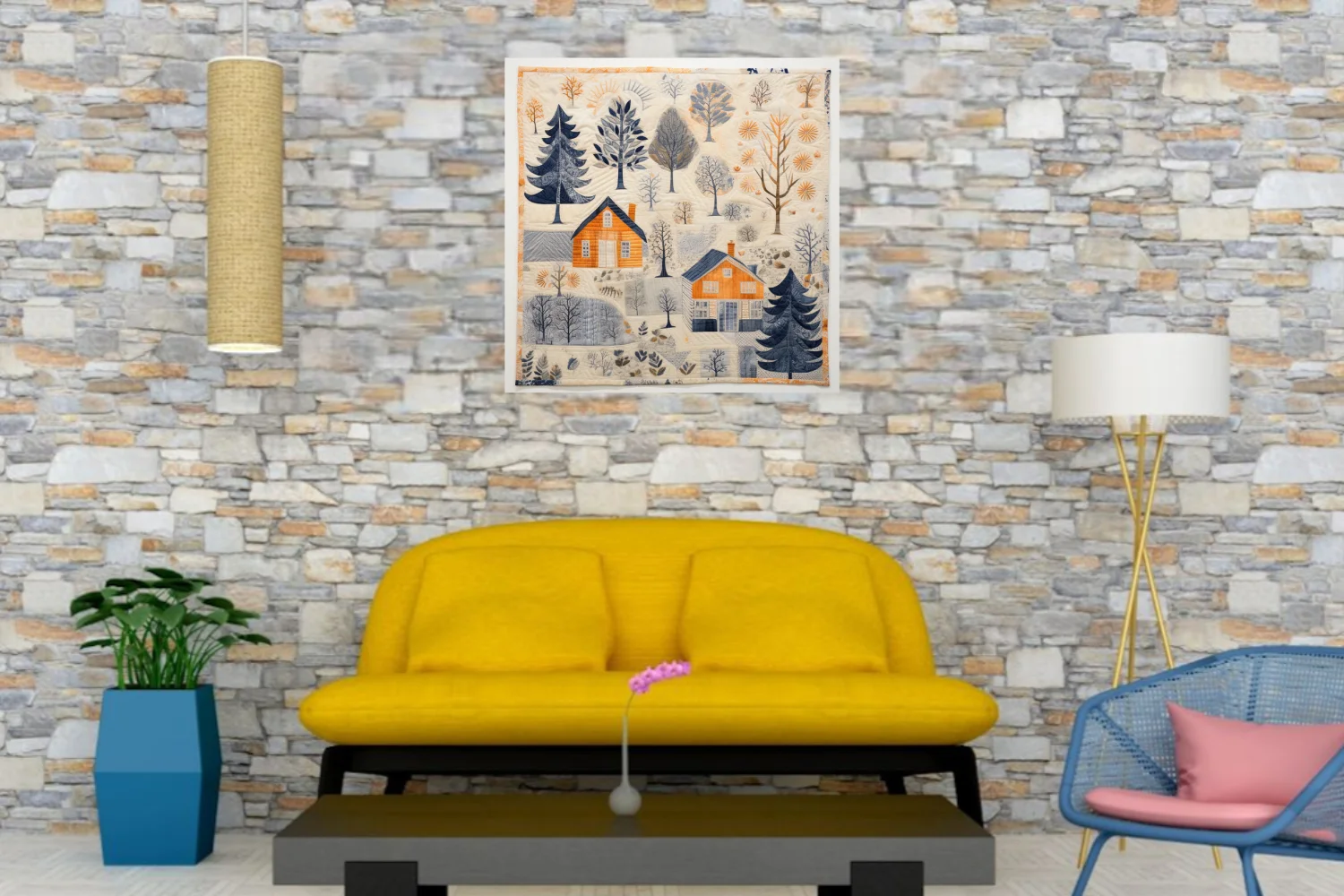 Scandinavian folk-art quilt-style winter village scene in amber, navy, and cream