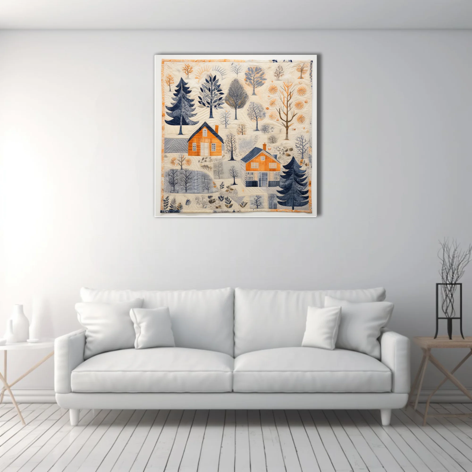Scandinavian folk-art quilt-style winter village scene in amber, navy, and cream