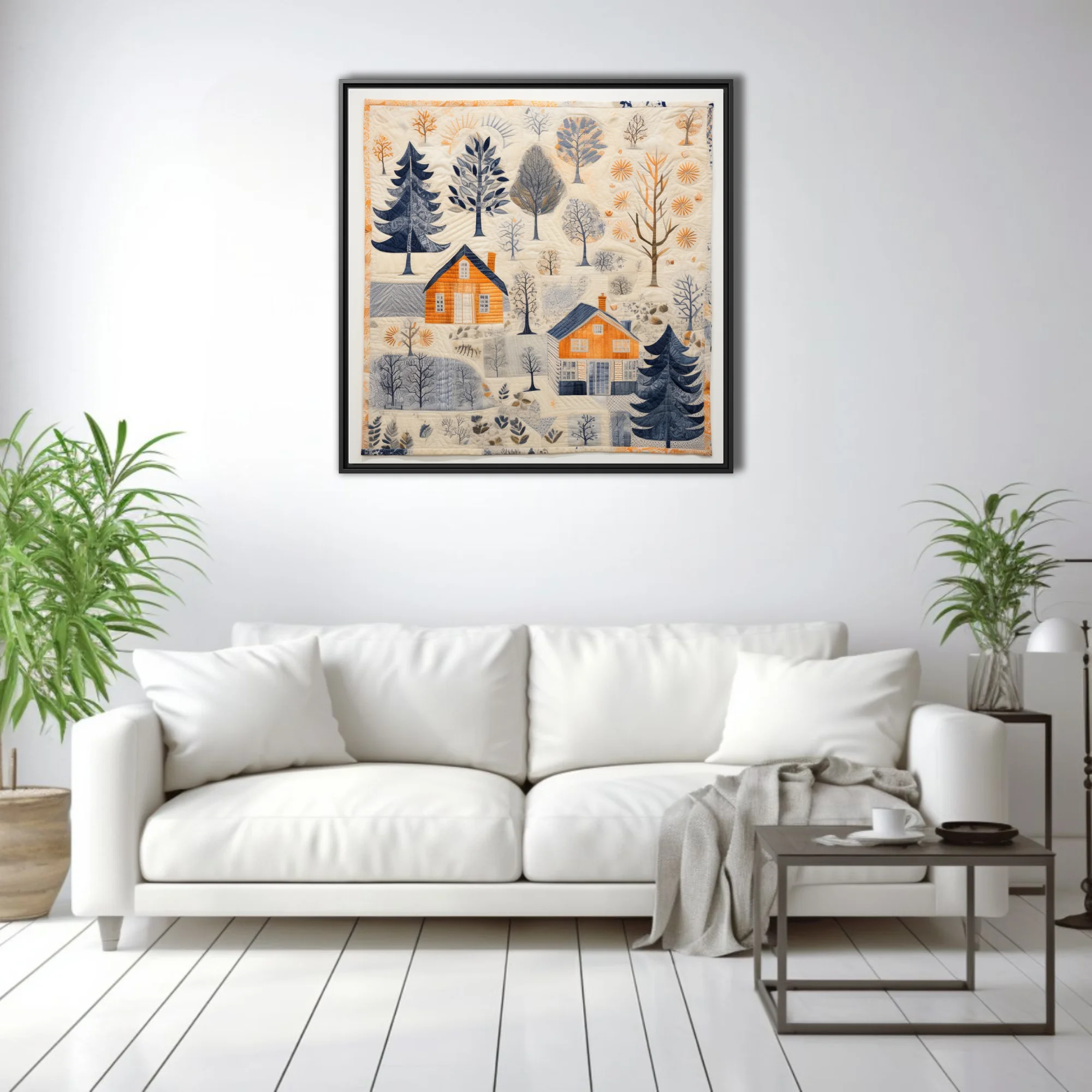 Scandinavian folk-art quilt-style winter village scene in amber, navy, and cream