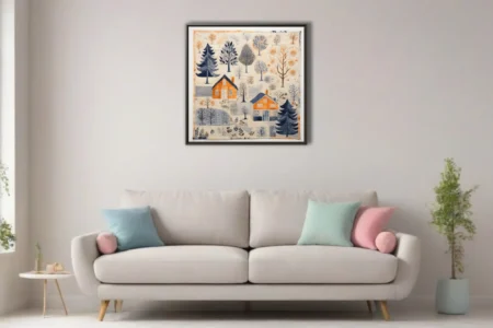 Scandinavian folk-art quilt-style winter village scene in amber, navy, and cream