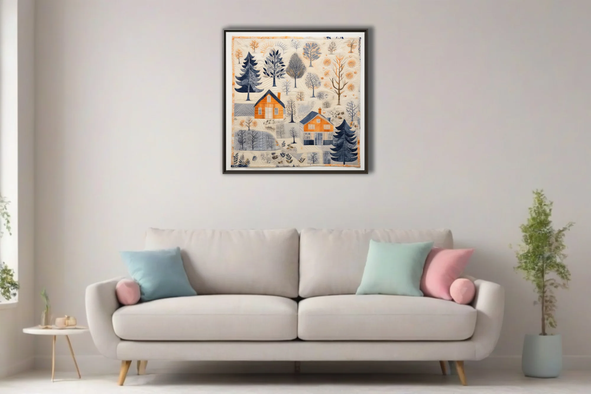 Scandinavian folk-art quilt-style winter village scene in amber, navy, and cream