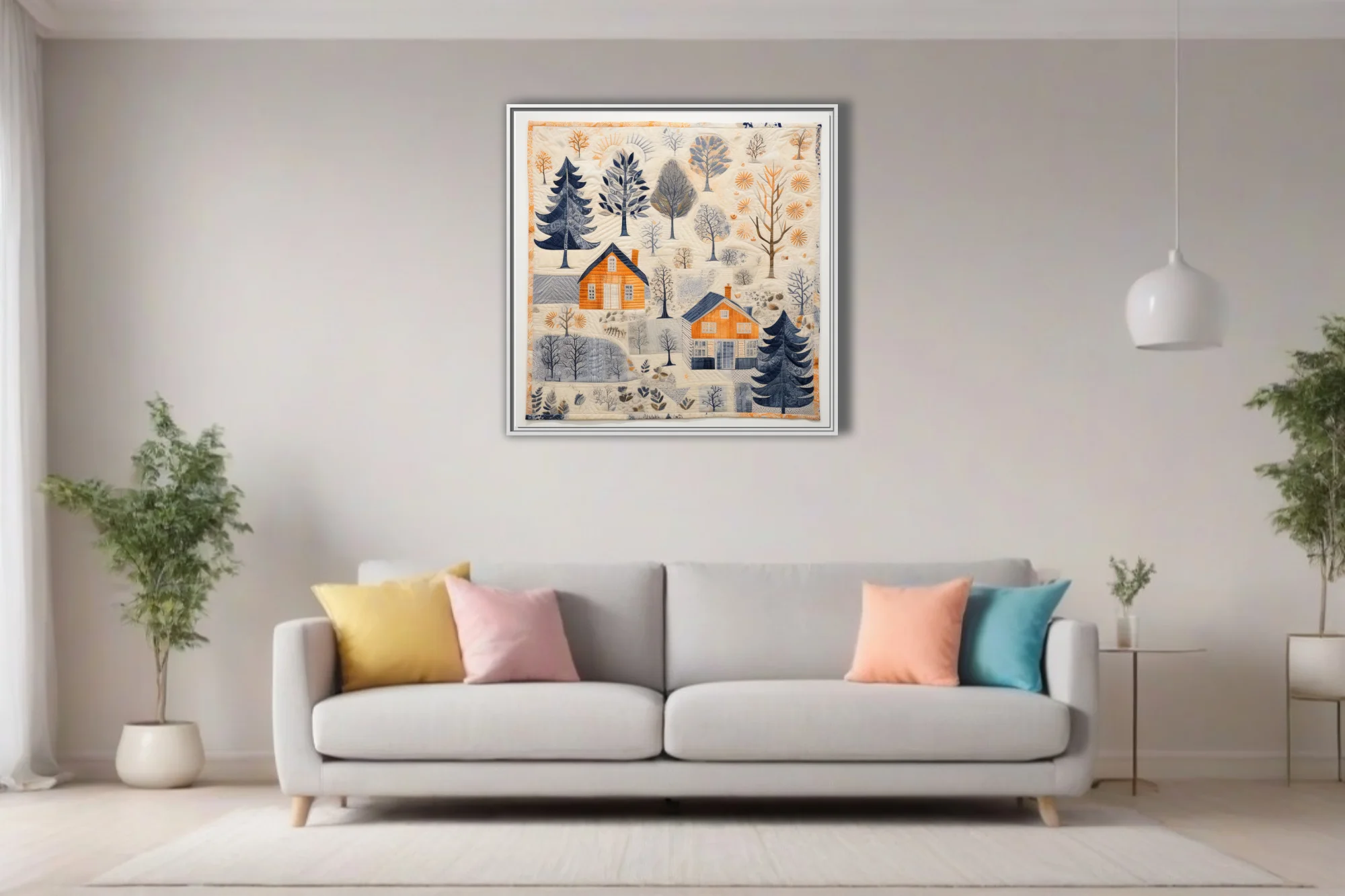 Scandinavian folk-art quilt-style winter village scene in amber, navy, and cream