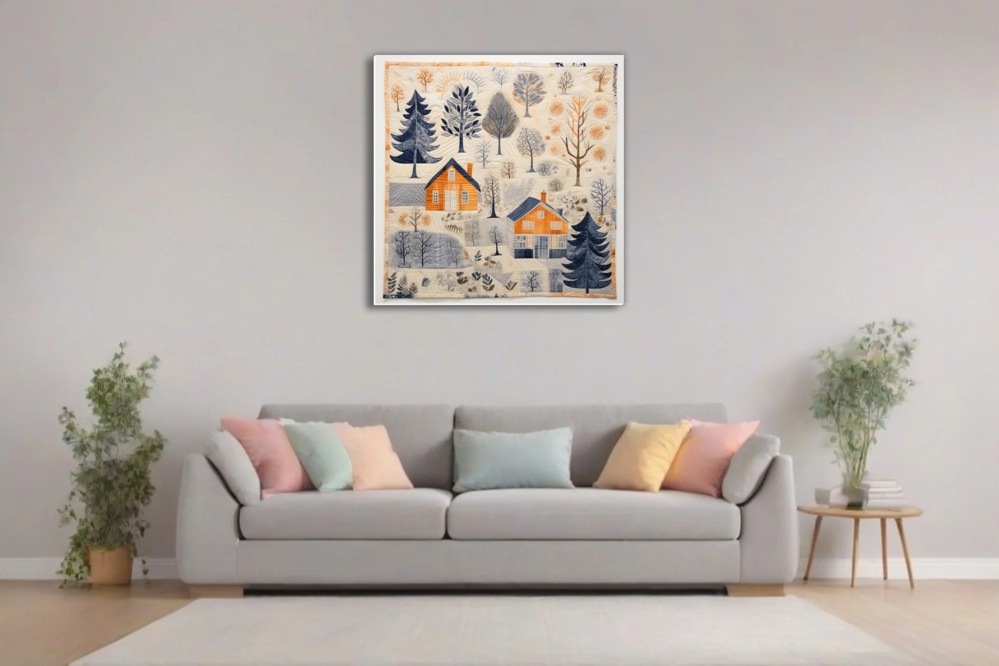 Scandinavian folk-art quilt-style winter village scene in amber, navy, and cream