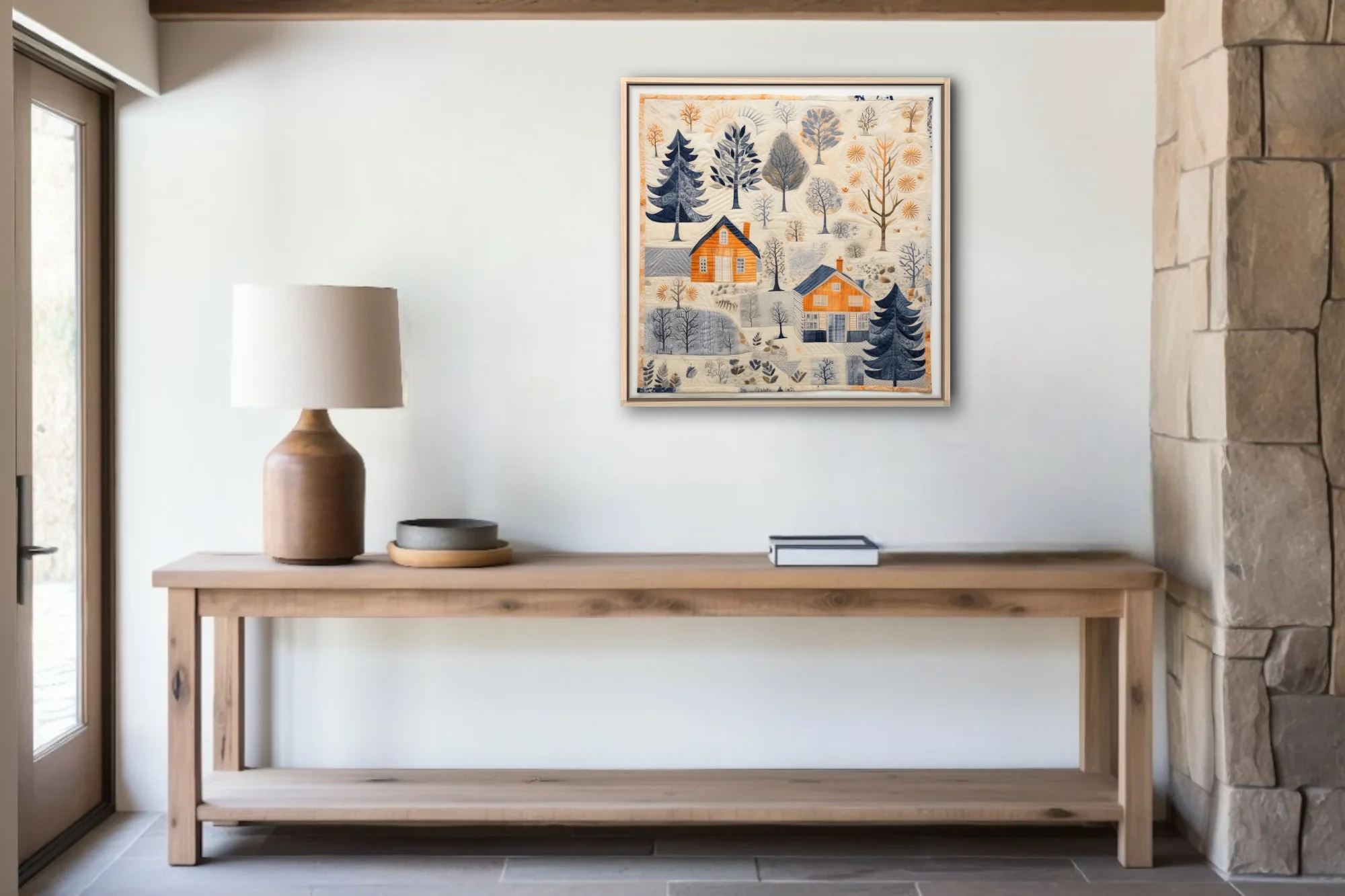 Scandinavian folk-art quilt-style winter village scene in amber, navy, and cream
