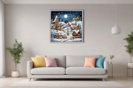 Whimsical Christmas village illustration, snow-covered rooftops, moonlit night, festive storybook style