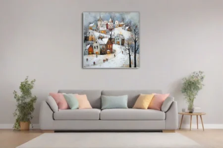 Folk-style snowy village scene with warm glowing windows and winter figures