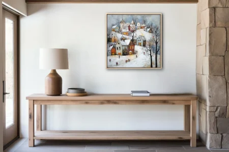 Folk-style snowy village scene with warm glowing windows and winter figures