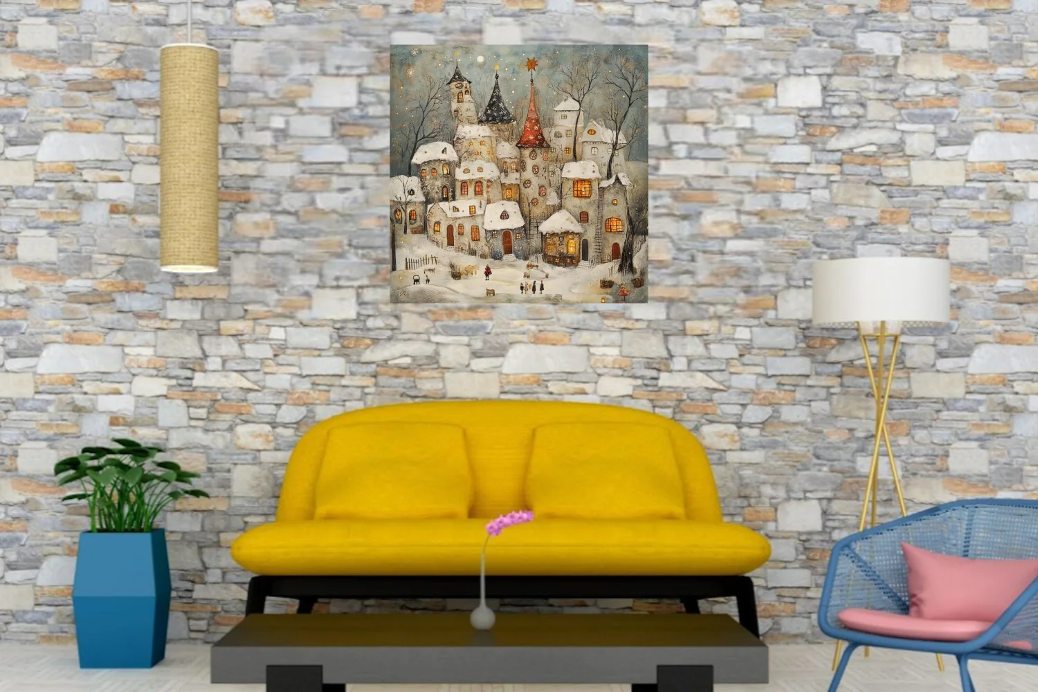 Folk-art winter village with snowy rooftops, glowing amber windows and fairytale towers