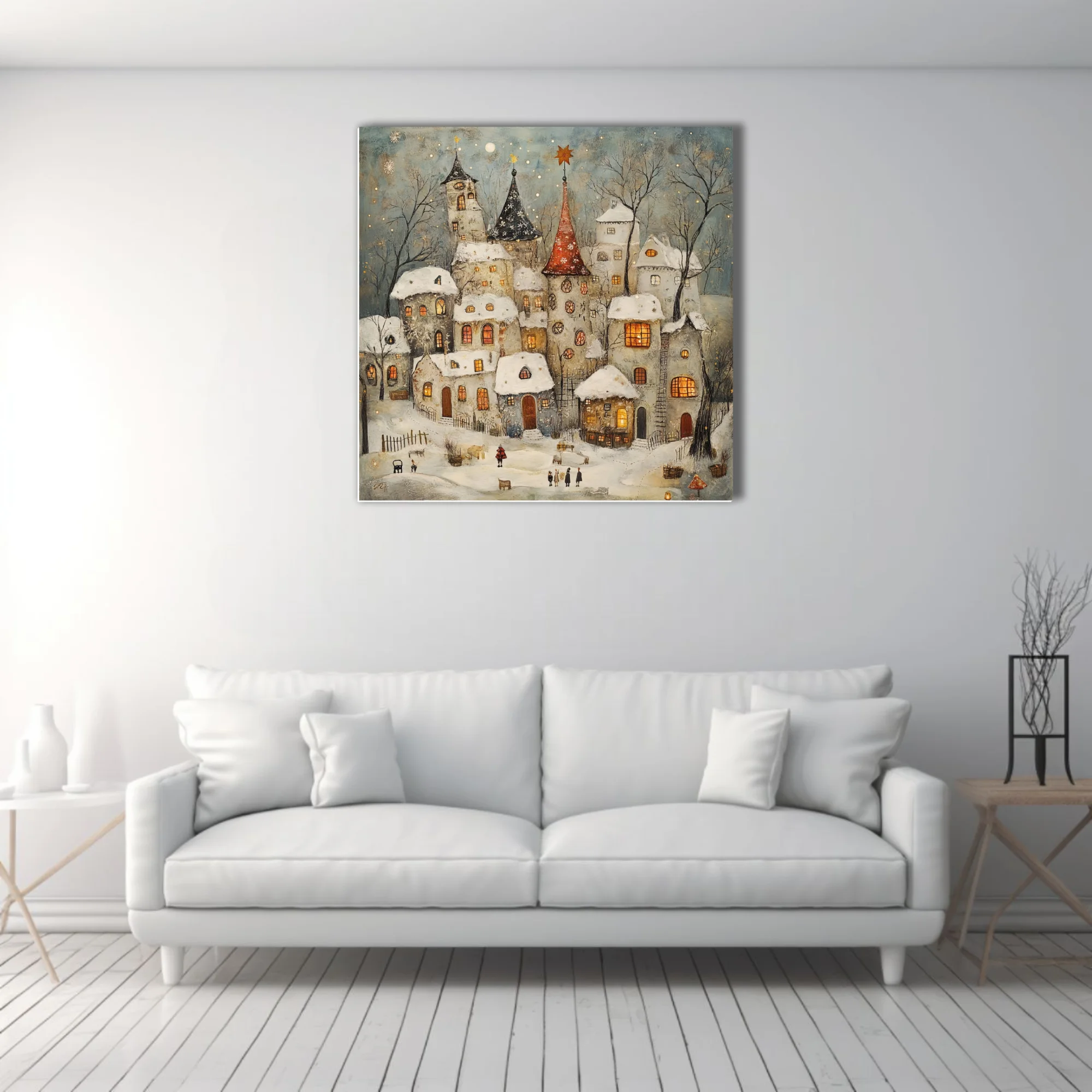 Folk-art winter village with snowy rooftops, glowing amber windows and fairytale towers