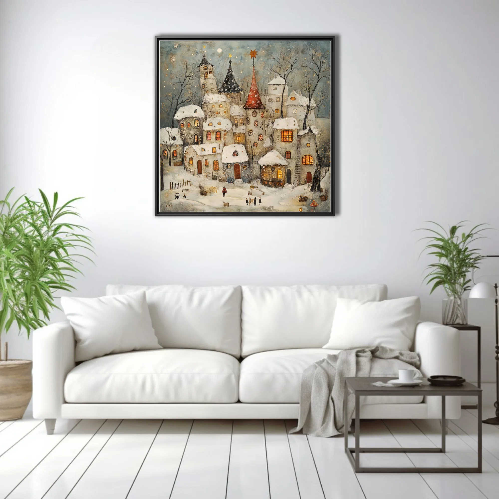Folk-art winter village with snowy rooftops, glowing amber windows and fairytale towers