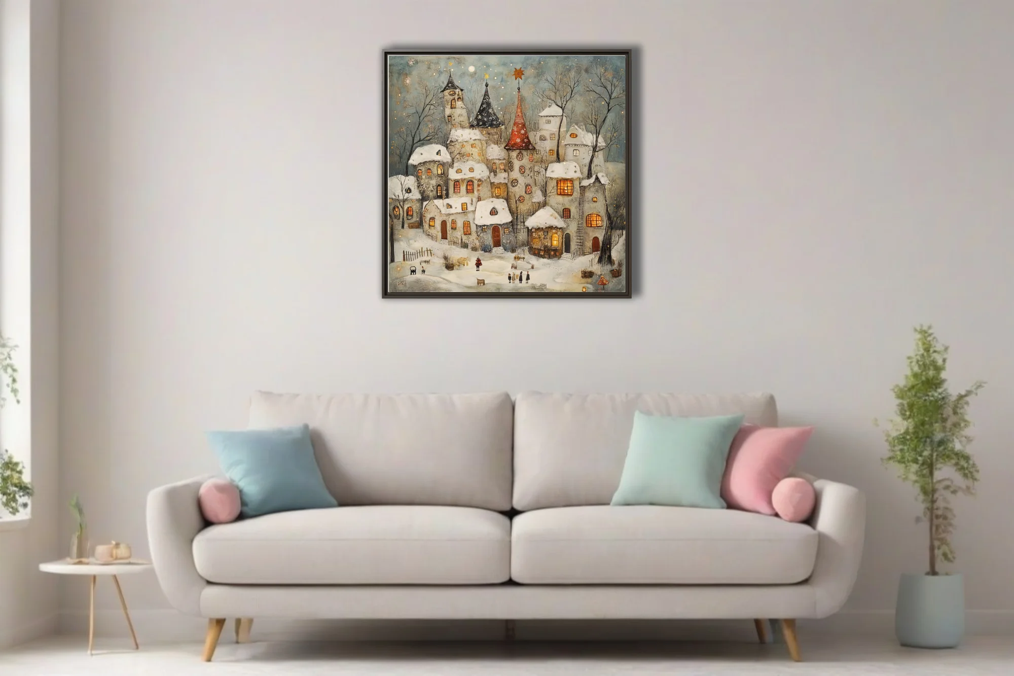 Folk-art winter village with snowy rooftops, glowing amber windows and fairytale towers