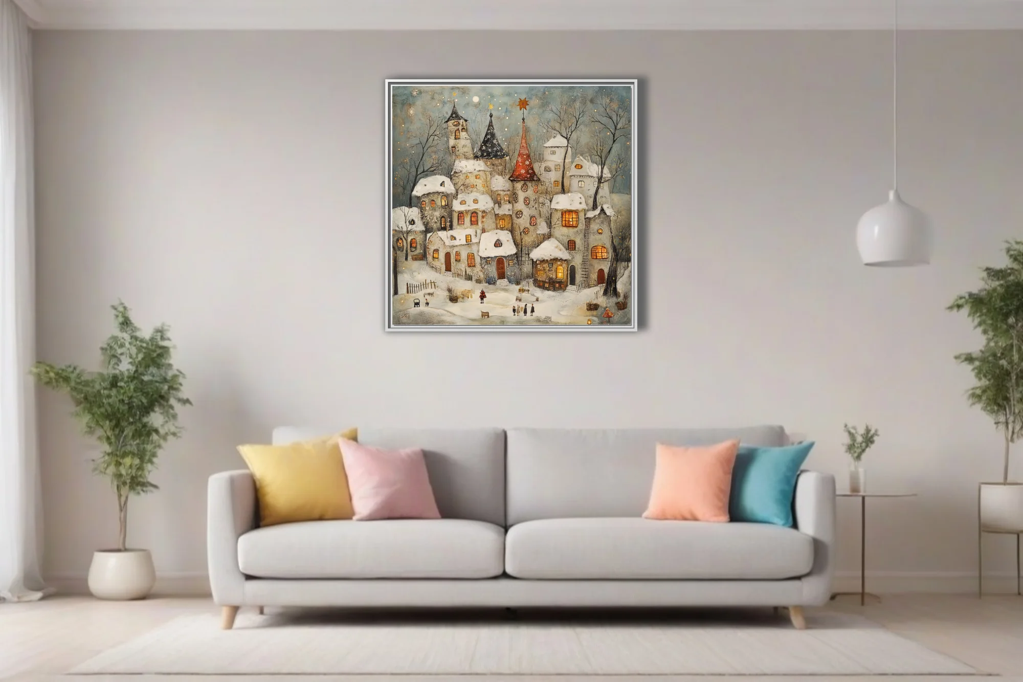 Folk-art winter village with snowy rooftops, glowing amber windows and fairytale towers