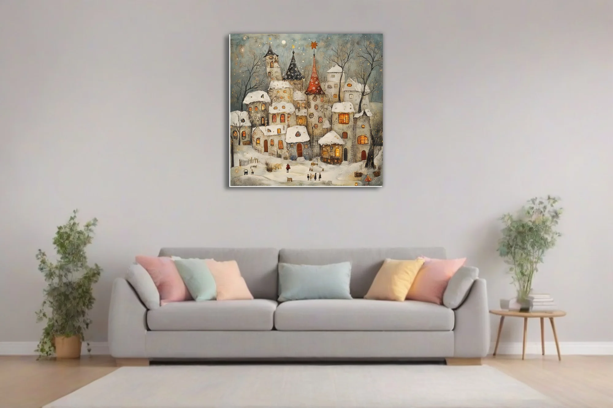 Folk-art winter village with snowy rooftops, glowing amber windows and fairytale towers