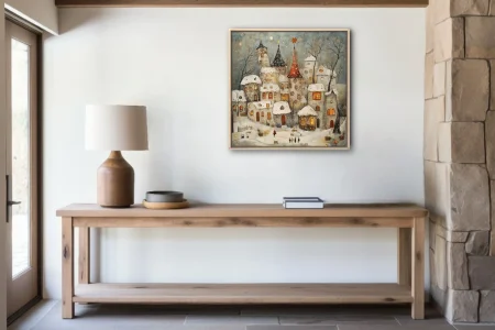 Folk-art winter village with snowy rooftops, glowing amber windows and fairytale towers
