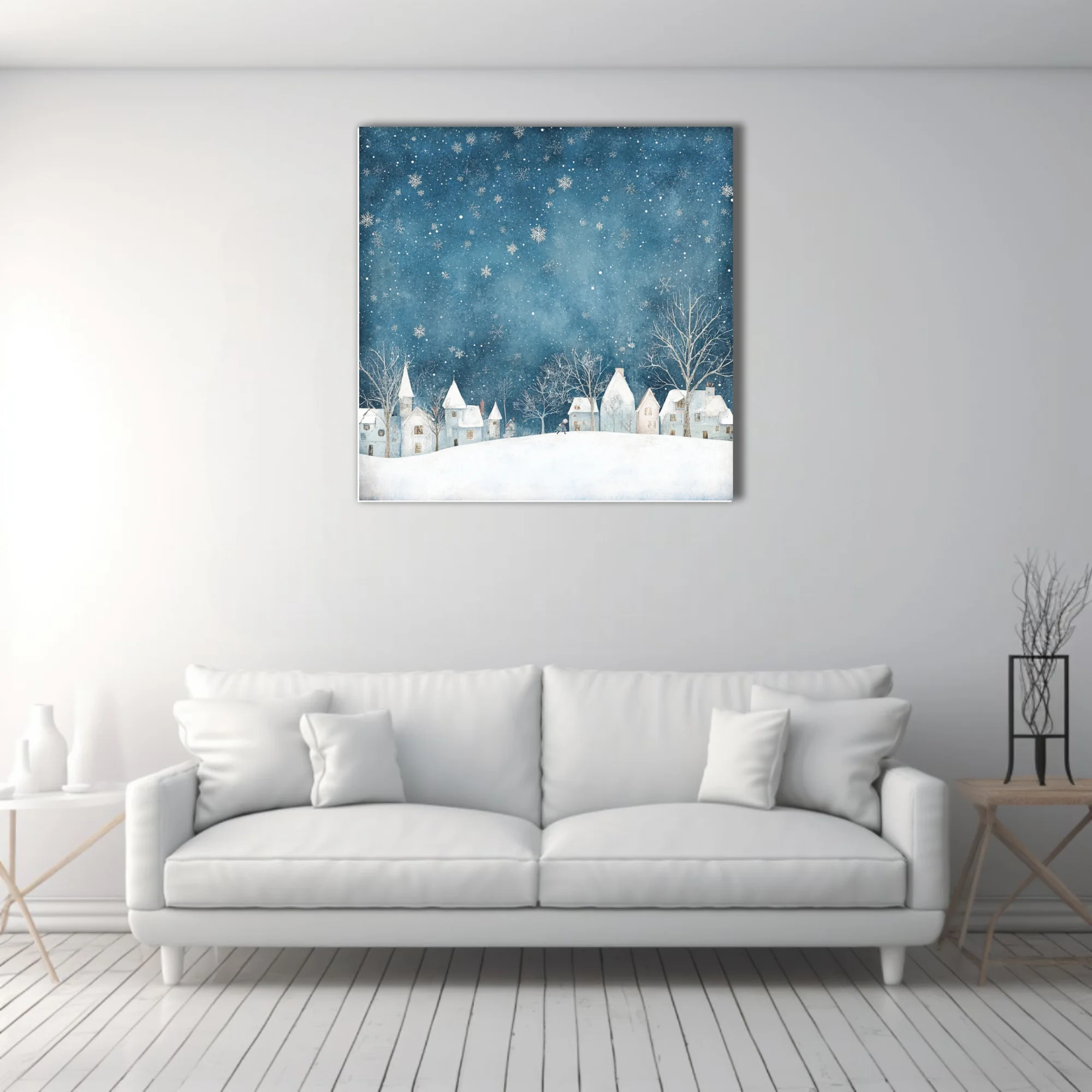 Watercolor-style winter village scene, teal night sky with falling snowflakes and snowy rooftops