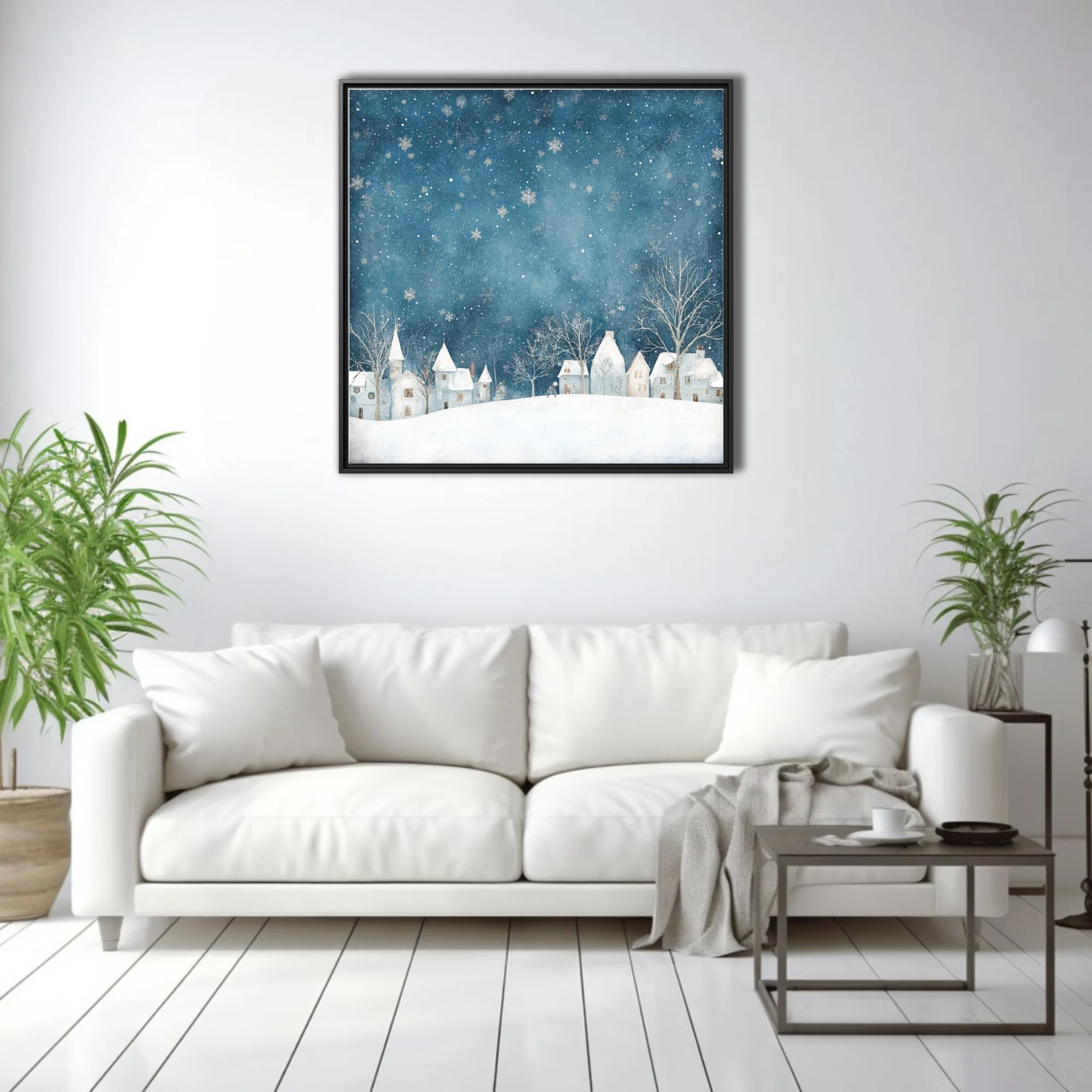 Watercolor-style winter village scene, teal night sky with falling snowflakes and snowy rooftops