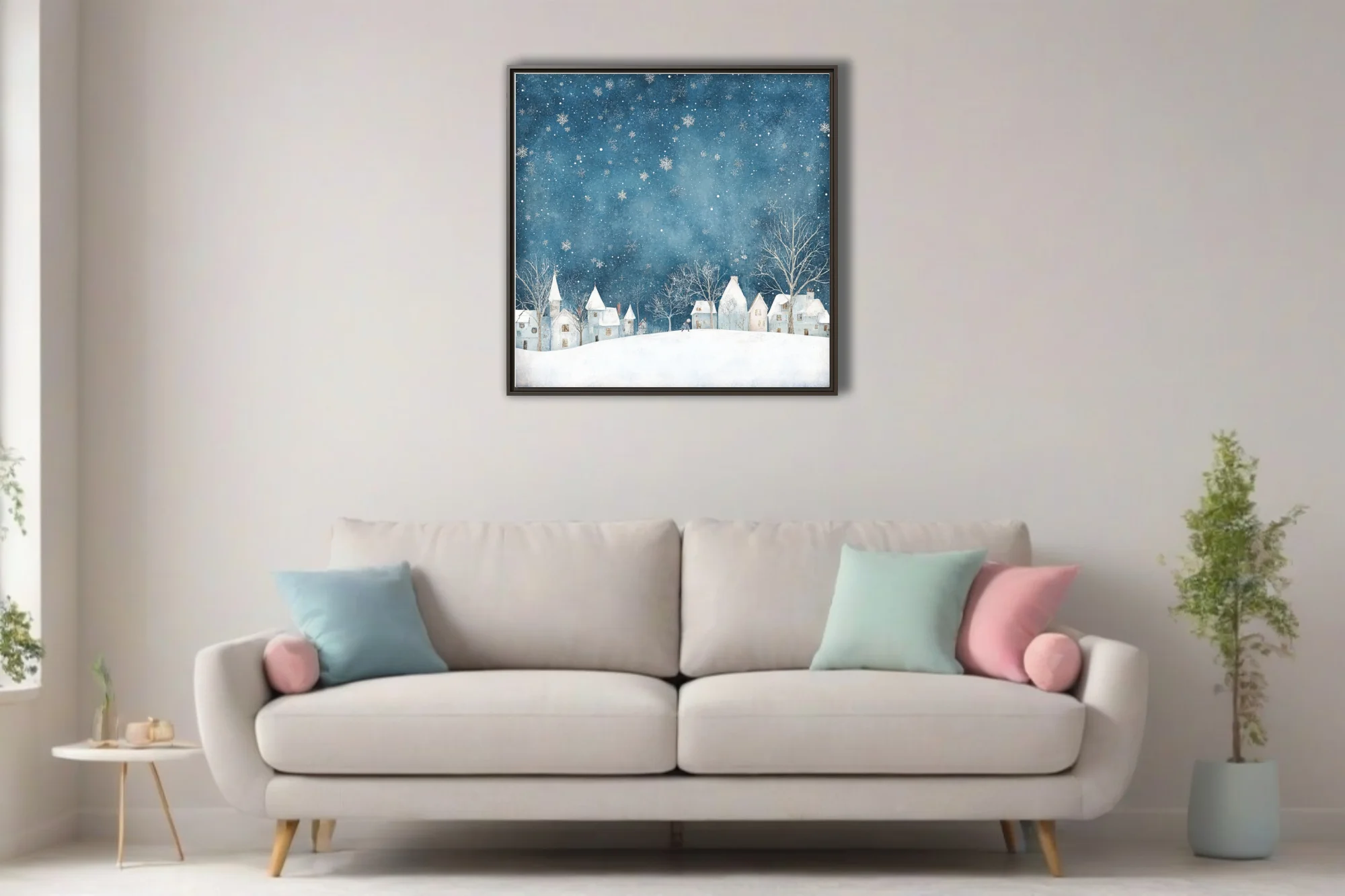 Watercolor-style winter village scene, teal night sky with falling snowflakes and snowy rooftops
