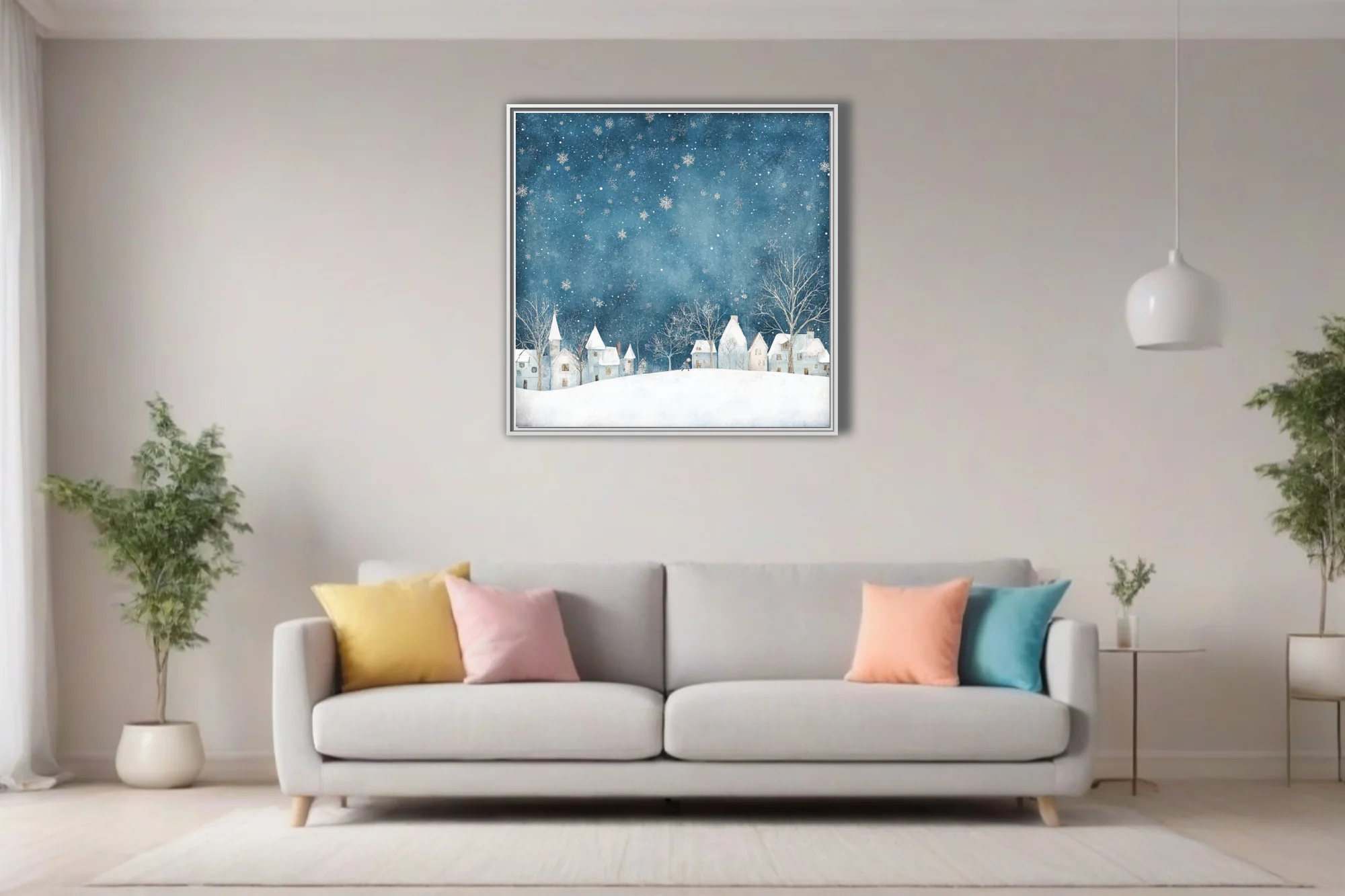 Watercolor-style winter village scene, teal night sky with falling snowflakes and snowy rooftops